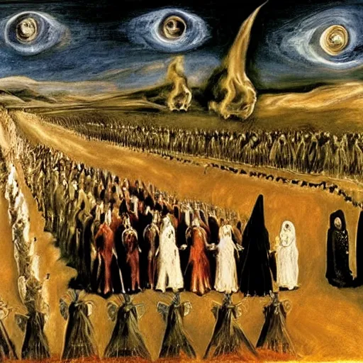Image similar to A A Holy Week procession of souls in a Spanish landscape at night by El Greco, Remedios Varo y Salvador Dali.