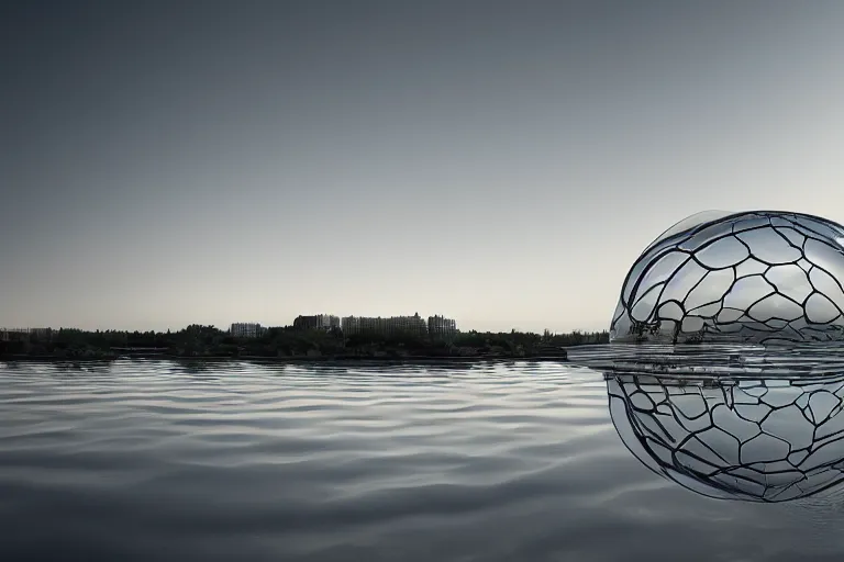 Image similar to a bubble building formed by the intersection and fusion of many white spherical spaces, on the calm lake surface, people's perspective modern curved architecture, future, wood, marble, metal award winning, highly detailed 4 k art, dusk, unreal engine highly rendered, global illumination, radial light, internal environment by kazuyo sejima