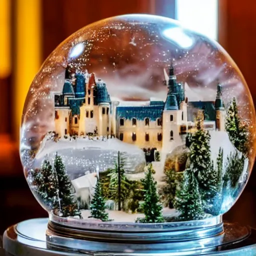 Image similar to A snowglobe is on display with a castle inside.