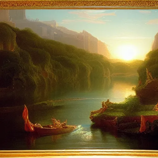 Image similar to An oil painting called: river of light that leads to God, painted by Thomas Cole, award winning, extremely detailed, 4k,