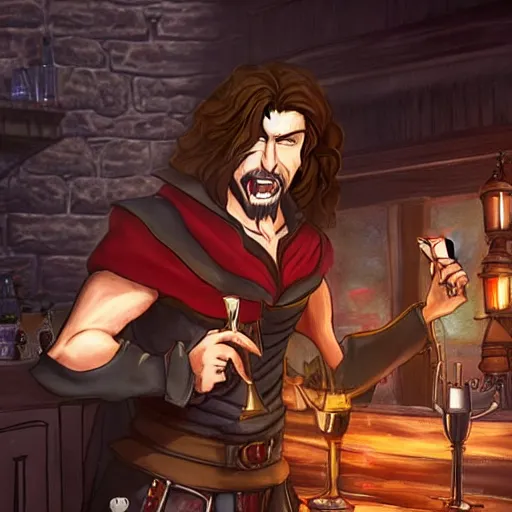 Image similar to Beautiful painting of Trevor Belmont from Castlevania, enjoying a pint of ale at a tavern, HDR, happily smiling at the camera, holding the pint of ale, sitting at the bar, warm lantern lighting.