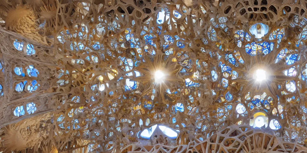Prompt: sculpted Sagrada Familia ceiling by Antoni Gaudi, symmetrical
