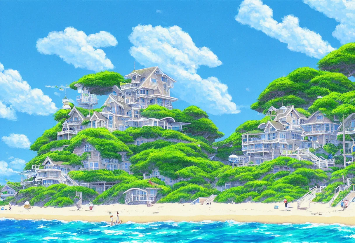 Image similar to a beautiful ultradetailed painting of beach house at the seaside, sunny, close shot, studio ghibli sunlight, archdaily, wallpaper, highly detailed, trending on artstation