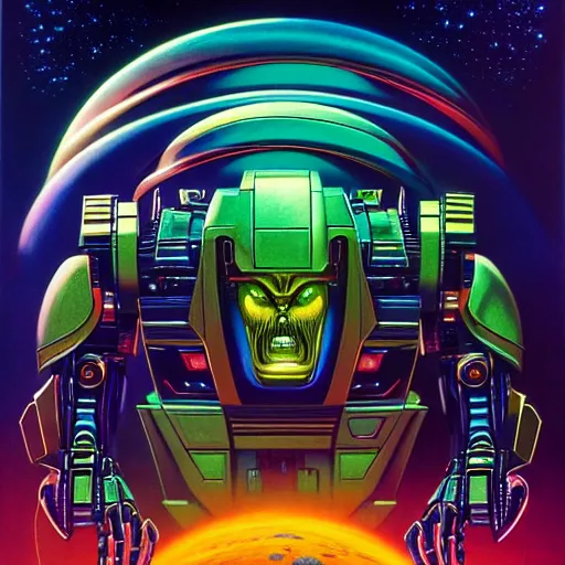 Prompt: UHD photorealistic studio portrait of Cosmic Megatron on Cybertron, futuristic robotics, exotic alien features, bold, vivid colors, intricate background, robotic enhancements, Tim Hildebrandt, Wayne, Amano, Barlowe, Bruce Pennington, donato giancola, larry elmore, moving, masterpiece, trending on artstation, Lisa Frank, cinematic composition, dramatic pose, studio lighting, sharp, crisp detail, hyper-detailed