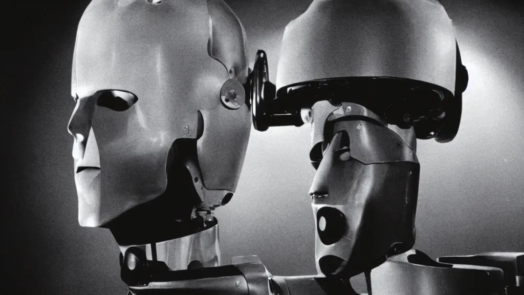 Image similar to The man with robot head, movie still, cinematic composition, cinematic light, by David Lynch