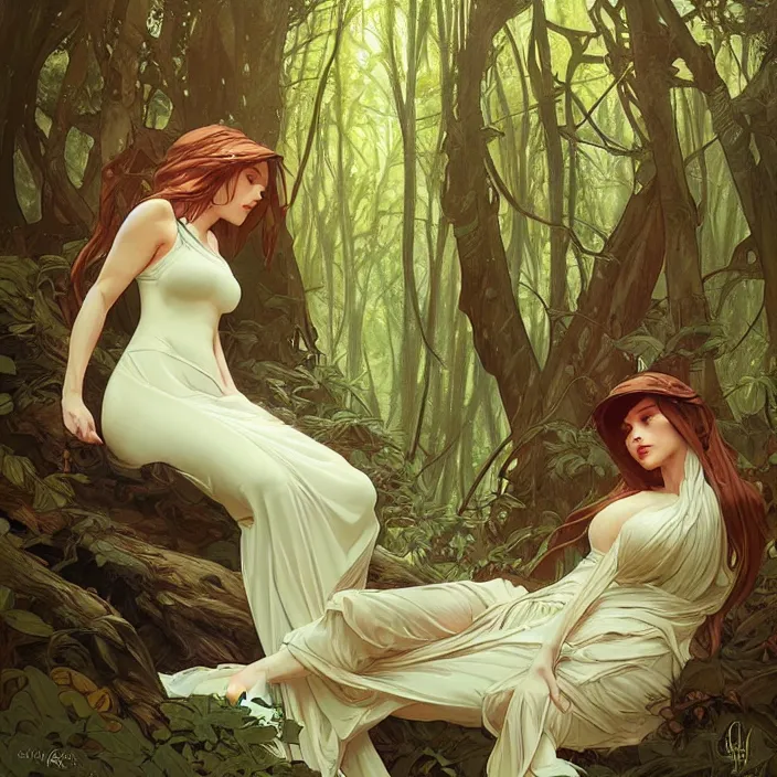 Image similar to lena oxton in a forest by artgerm, greg rutkowski, alphonse mucha