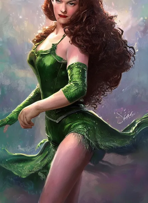 Image similar to beautiful female dorothy gale, rebecca romijn as dorothy, full body character concept, covered in full emerald armor, armor plating, art nouveau, super powers, fantasy, intricate, elegant, highly detailed, digital painting, artstation, concept art, shining, sharp focus, illustration, art by stanley lau