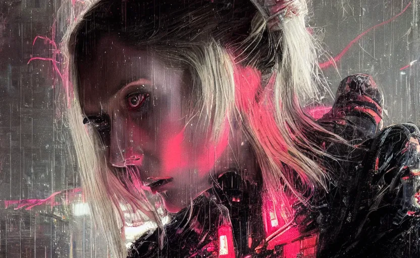 Image similar to detailed film still of portrait neon operator elizabeth olsen in the movie blade runner, messy ponytail, cyberpunk futuristic, neon, reflective puffy coat, decorated with traditional japanese by ismail inceoglu dragan bibin hans thoma greg rutkowski alexandros pyromallis nekro, illustrated, perfect face, fine details, realistic shaded, fine - face, pretty face