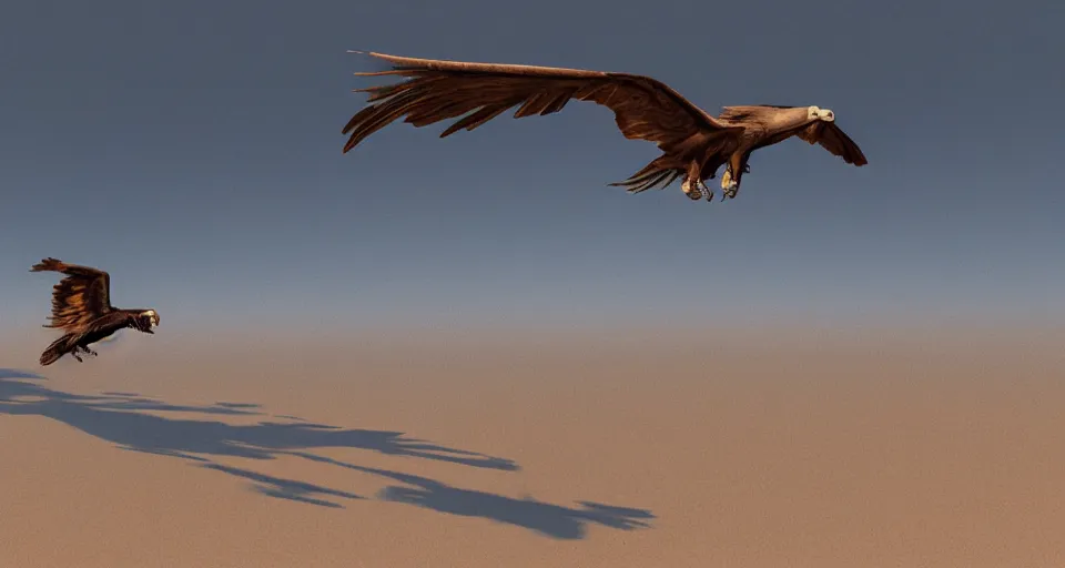 Image similar to a vulture flying over an empty desert, artstation