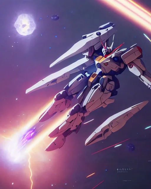 Image similar to highly detailed vfx portrait of a gundam with wings of feathers beam saber fighting in space with a beam gun, unreal engine, greg rutkowski, loish, rhads, beeple, makoto shinkai and lois van baarle, ilya kuvshinov, rossdraws, tom bagshaw, alphonse mucha, global illumination, detailed and intricate environment