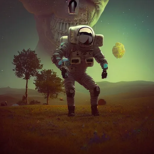 Prompt: beautiful dark landscape, astronaut with a skull head, beautiful flowers growing, in the style of beeple and Mike Winkelmann, intricate, epic lighting, cinematic composition, hyper realistic, 8k resolution,