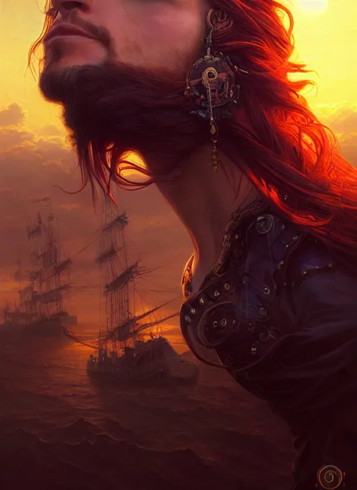 Prompt: portrait painting of a handsome face rugged long hair crimson hair male pirate, top half portrait soft hair steampunk ornate zeppelin blimp airship in the background sky sunset golden hour fantasy soft hair trending on artstation deviantart book cover art dramatic volumetric lighting art by stephan martiniere wlop greg rutkowski gaston bussiere