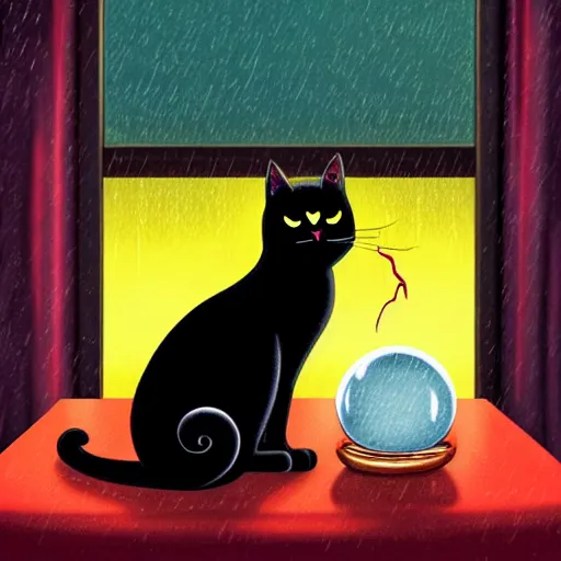 Image similar to black cat with one good eye sits atop a crystal ball on a table with red table cloth in dark room with lightning in windows, rain, digital illustration, studio ghibli