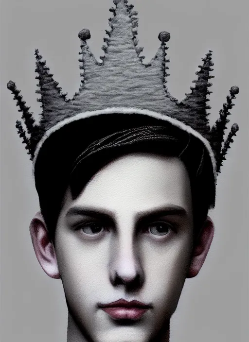 Prompt: portrait of teenage jughead jones wearing a light grey crown, photorealistic, crown made of fabric, simple crown, crown made of felt, black hair, intricate, elegant, highly detailed, digital painting, glowing lights, artstation, concept art, smooth, sharp focus, illustration, art by wlop, mars ravelo and greg rutkowski