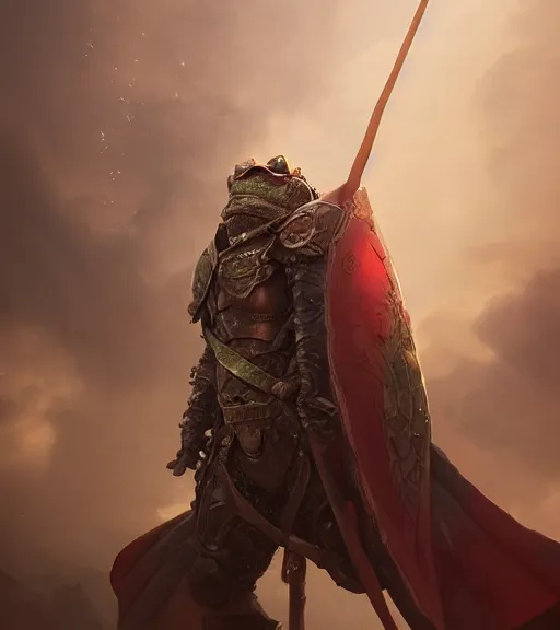 Image similar to a frog knight, holding up a large kite shield, battle armor, atmospheric lighting painted intricate volumetric lighting, beautiful, sharp focus, ultra detailed by leesha hannigan, ross tran, thierry doizon, kai carpenter, ignacio fernandez rios