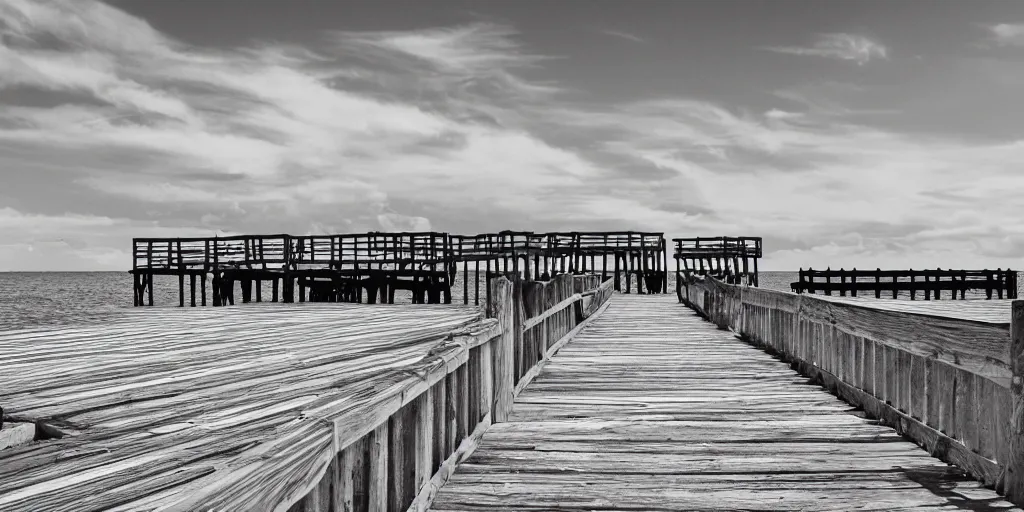 Prompt: infrared photograph of a seaside dock