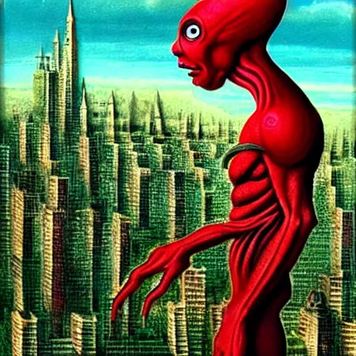 Prompt: A beautiful illustration of a strange, red alien creature looming over a green cityscape. The alien has several eyes and one mouth and its body is covered in scales. It seems to be coming towards the viewer, who is looking up at it in fear. By Max Ernst and Maciej Rebisz