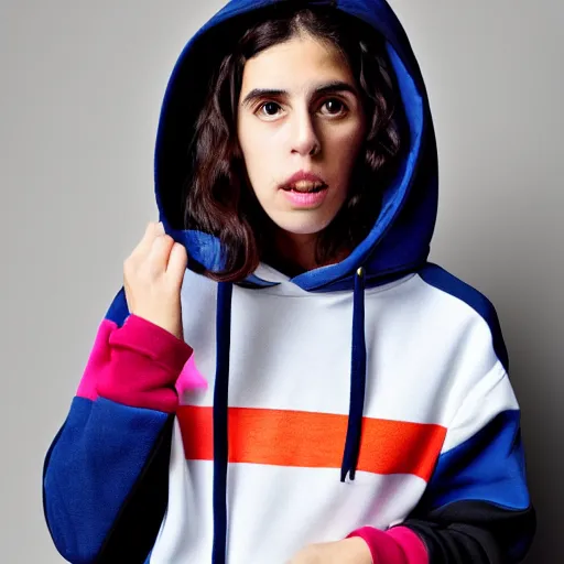 Image similar to a photo of hila klein wearing teddy fresh color block hoodie, fashion, model, realistic, photography, high quality