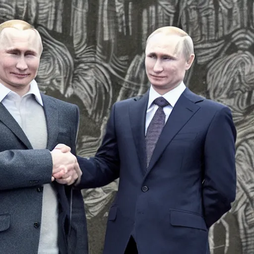 Image similar to A photo of putin teams up with a teenage putin, perfect faces, 50 mm, award winning photography