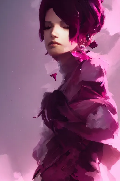 Image similar to A beautiful woman with professional makeup, with shoulder length mid-length magenta hair, volumetric lighting, dramatic atmosphere, subtle and detailed, by Dustin Nguyen, Akihiko Yoshida, Greg Tocchini, Greg Rutkowski, Cliff Chiang, 4k resolution, heavy contrast, trending on artstation