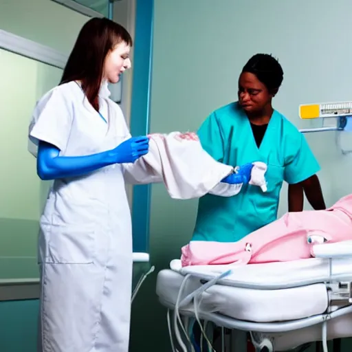 Image similar to nurse taking care of a patient who is a clown who is in restraints in a hospital bed