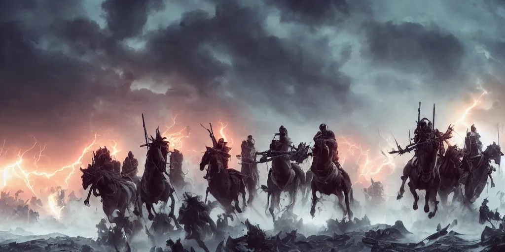 Image similar to ”five horsemen of the apocalypse riding skeleton horses towards the camera and holding up empty signs, [epic, cinematic, scary, intimidating, horror, war, battle, hell, storm clouds, lightning, octane render, 8k, mattepainting, art by wlop and paul lehr and greg rutkowski]”