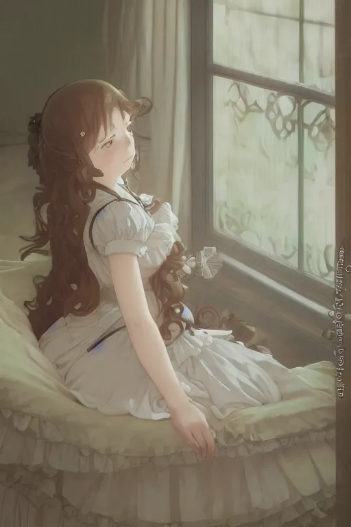 Prompt: a young lolita dressed girl in a maid's outfit in the bedroom typing front the notebook a night, raining outside the window, wavy white long hair, by krenz cushart and mucha and akihito yoshida and makoto shinkai and greg rutkowski, 4 k resolution