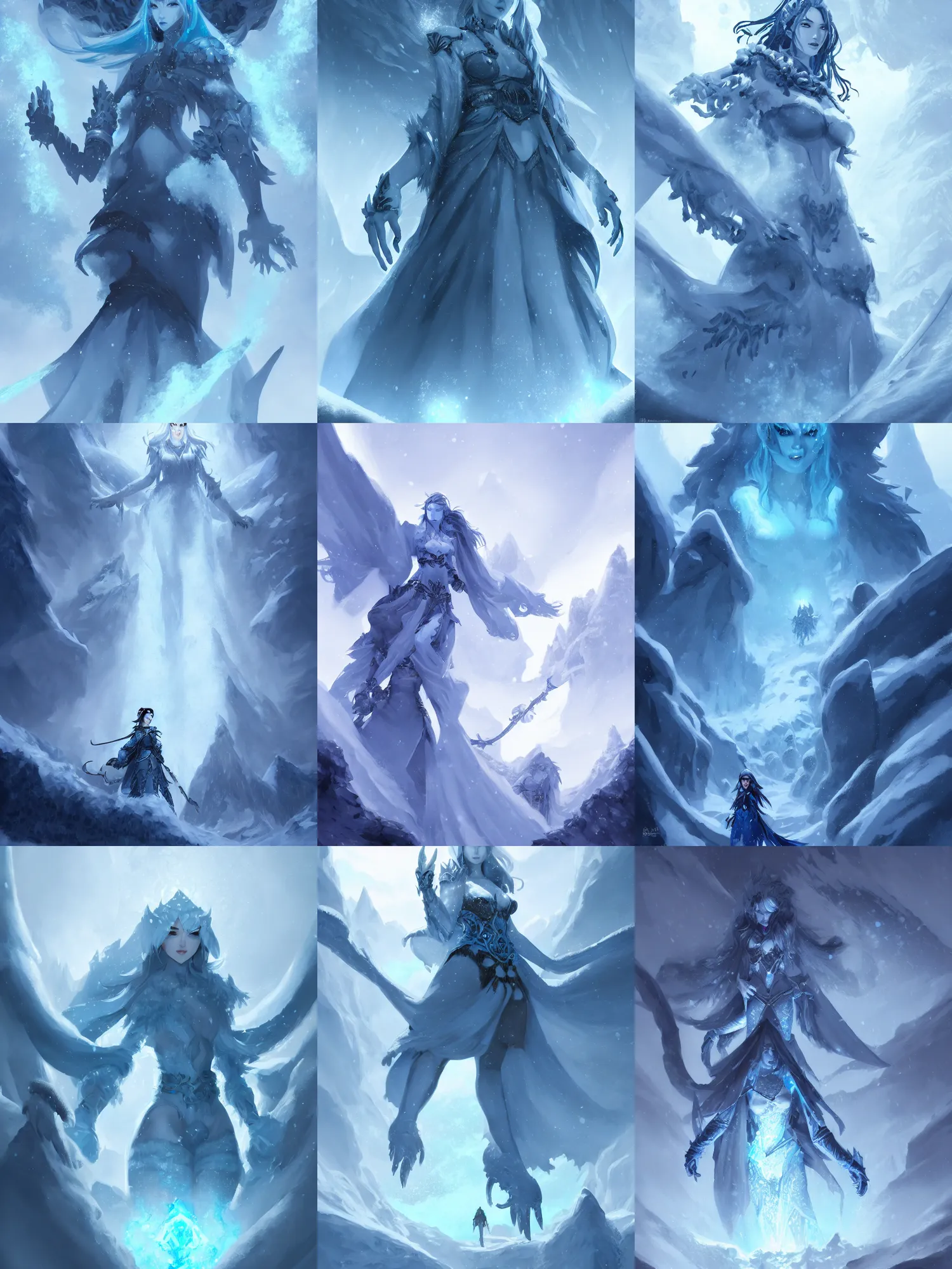 Prompt: a gargantuan ice revenant lady looming over a group of 5 adventurers, in the snow mountains, high fantasy, monochromatic blue, smooth, sharp focus, high fantasy, dnd, digital painting, by rossdraws, artstationhd