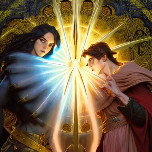 Prompt: painting of powerful stylish sorcerer and a cleric banishing the darkness and its abominations with a rainbow spell, ultra realistic, concept art, intricate details, eerie, highly detailed, photorealistic, octane render, 8 k, unreal engine. art by artgerm and greg rutkowski and magali villeneuve and alphonse mucha