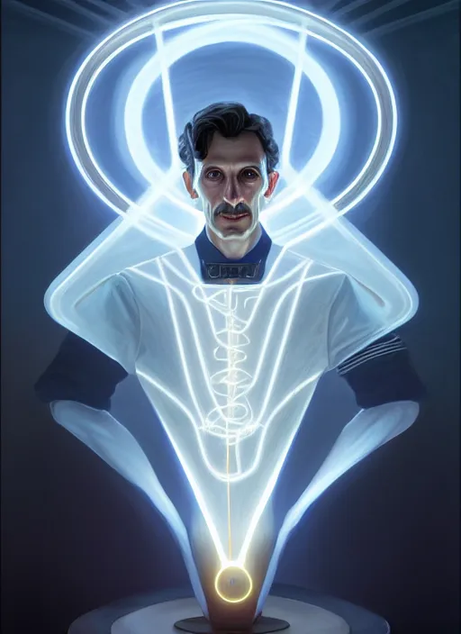 Image similar to symmetry!! portrait of nikola tesla male, chemisty, sci - fi, glowing lights!! intricate, elegant, highly detailed, digital painting, artstation, concept art, smooth, sharp focus, illustration, art by artgerm and greg rutkowski and alphonse mucha, 8 k