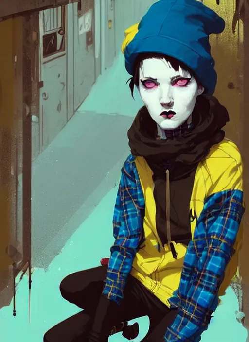 Image similar to highly detailed portrait of a sewer punk lady student, blue eyes, tartan hoody, hat, white hair by atey ghailan, by greg rutkowski, by greg tocchini, by james gilleard, by joe fenton, by kaethe butcher, gradient yellow, black, brown and cyan color scheme, grunge aesthetic!!! ( ( graffiti tag wall ) )