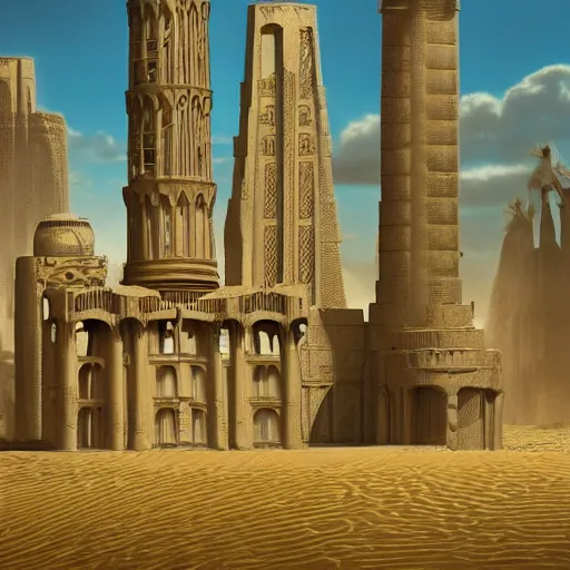 Prompt: cover concept art of the lost sand city, ruins, golden towers, golden pillars, palm trees, post-processing, in the style of Hugh Ferriss, Behance, Artgerm. High detail, ultra realistic render, octane, 3D, photorealism, symmetric, cinematic