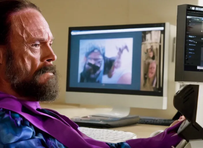 Image similar to film still of Macho Man Randy Savage on a computer in the new Wolf of Wallstreet movie, 8k