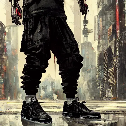 Image similar to A man wearing Acronym J36-S pants and Acronym P30A-DS and black Nike Air Force 1 sneakers, high quality, digital art, dirty cyberpunk city, greg rutkowski