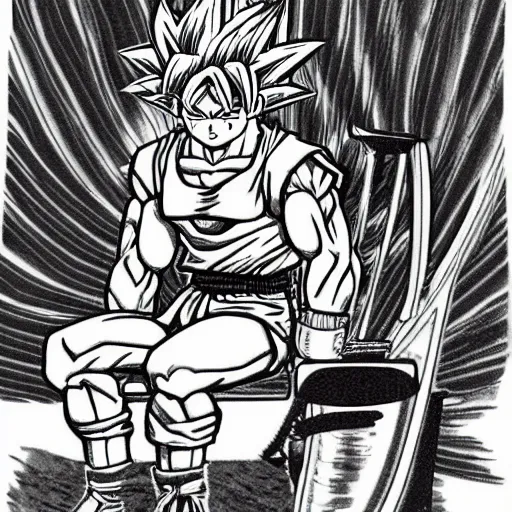 Image similar to highly detailed pen and ink shonen jump son goku sitting on toilet seat powering up illustrated by constipated akira toriyama