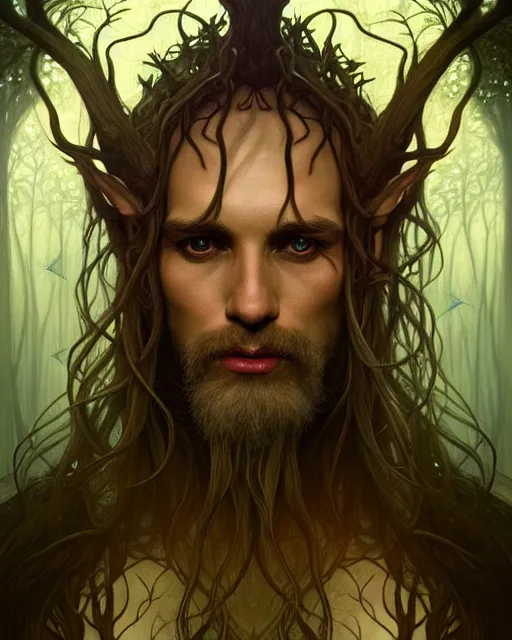 Image similar to symmetry portrait of king of ent of fangorn forest, glam, fae, fireflies, forest background, intricate, elegant, highly detailed, digital painting, artstation, concept art, smooth, sharp focus, illustration, art by artgerm and greg rutkowski and fra angelico and alphons mucha