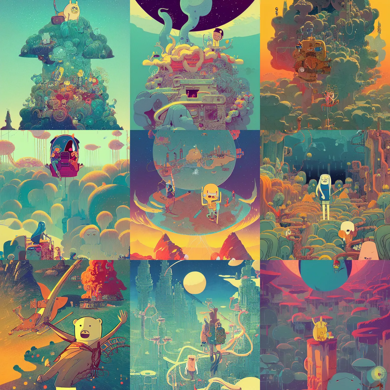 Prompt: illustration of Adventure Time by Victo Ngai and James Gilleard and Bruce Pennington