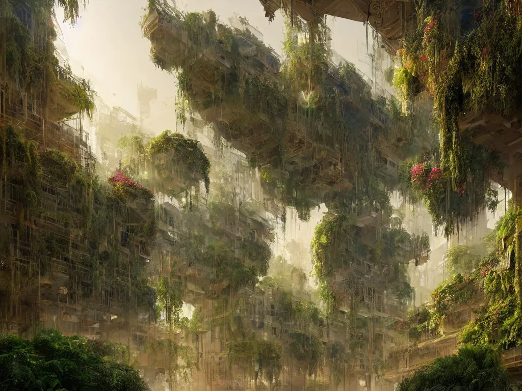 Image similar to the green city of babylon with its wonderful hanging gardens at dawn, intricate, elegant, volumetric lighting, digital painting, highly detailed, artstation, sharp focus, illustration, concept art, ruan jia, steve mccurry