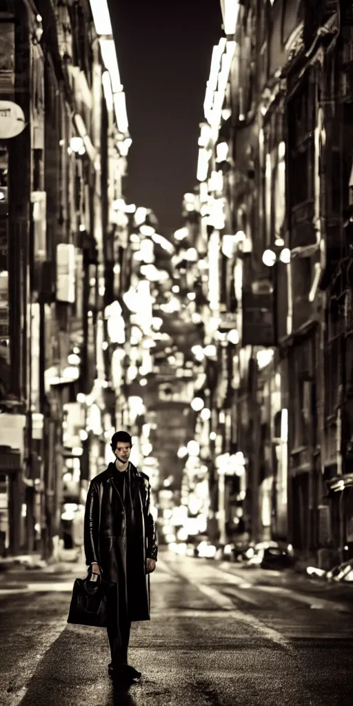 Prompt: Professional full body portrait of a tall young man in a street at night. He is wearing a leather coat and he looks very tired and nervous. 4K, dramatic lighting
