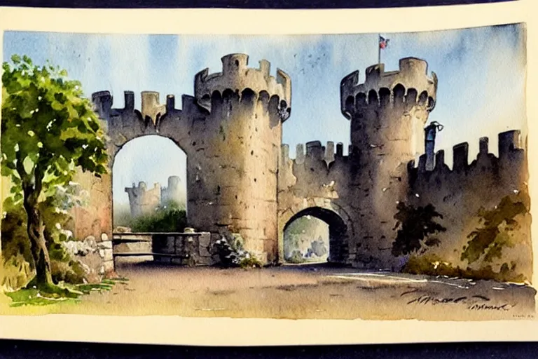 Image similar to 1950s castle gate with drawbridge muted colors. watercolor Jean-Baptiste Monge