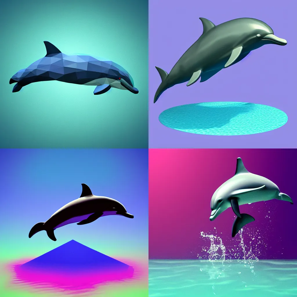 Prompt: dolphin, low poly, vaporwave, clean