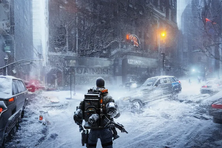 Image similar to agents from (Tom Clancy's The Division) running through snowy new york, high detail, digital art, trending on artstation, by Tom Garden