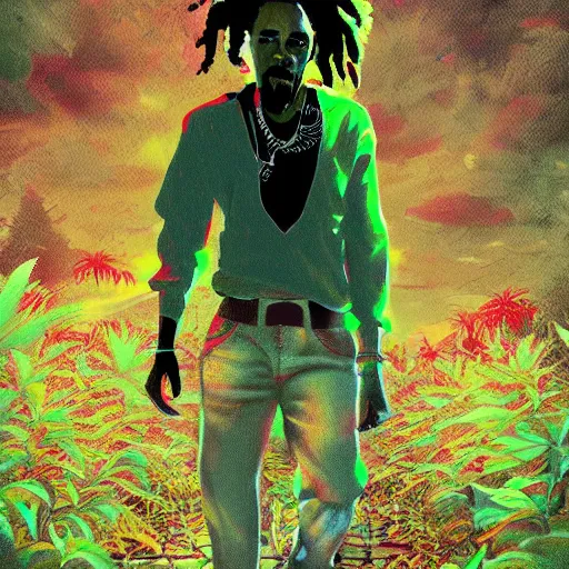 Image similar to bob marley walking though an infinite weed farm digital art, artstation, ultra detailed, beautiful aesthetic art