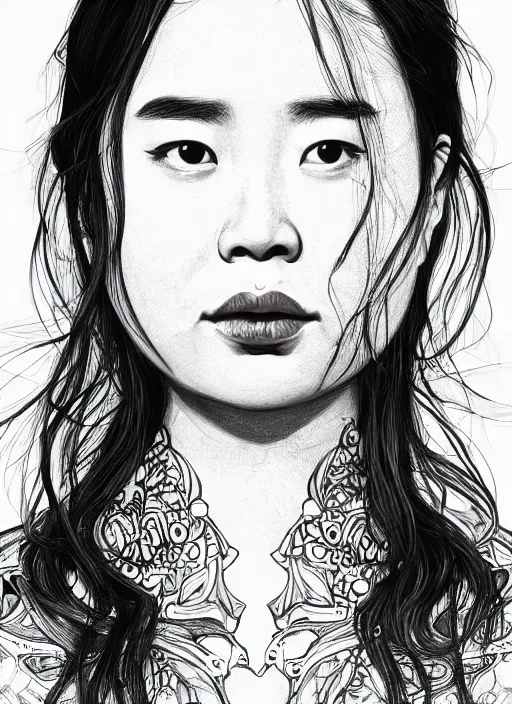 Image similar to closeup portrait of mitski, an ultrafine detailed illustration by james jean, intricate linework, bright colors, final fantasy, behance contest winner, vanitas, angular, altermodern, unreal engine 5 highly rendered, global illumination, radiant light, detailed and intricate environment