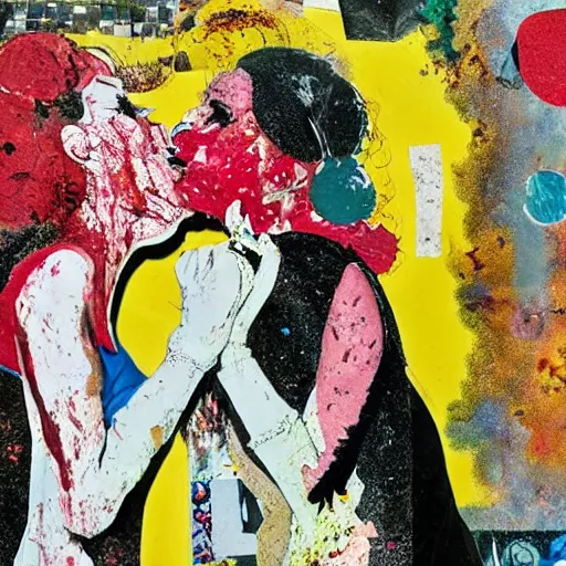 Image similar to two horrifying women kissing at a carnival, mixed media collage, retro, paper collage, magazine collage, acrylic paint splatters, bauhaus, abstract claymation, layered paper art, sapphic visual poetry expressing the utmost of desires by jackson pollock