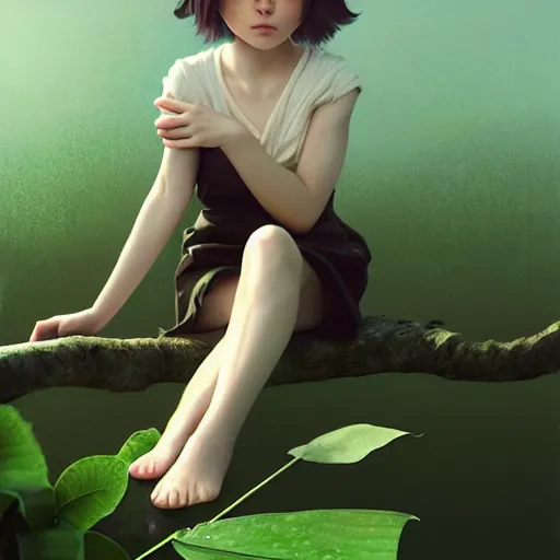 Prompt: very very small little girl by tom bagshaw, sitting on a gigantic green leaf by ilya kuvshinov, rtx rendering, octane render 1 2 8 k, maya, extreme high intricate details by wlop, digital anime art by ross tran, medium shot, close up shot, composition by sana takeda, lighting by greg rutkowski