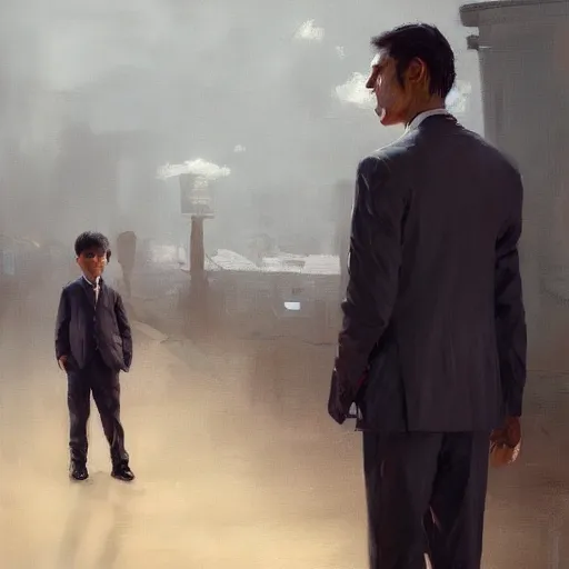 Image similar to oil painting of a man in a suit indifferent to an orphan boy who asks, by greg rutkowski, artstation