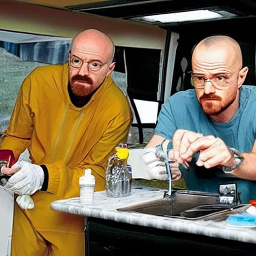 Image similar to walter white and jessie pinkman cooking meth in their rv,