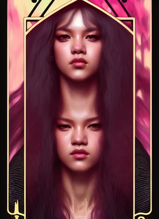 Image similar to jossi of blackpink, queen, tarot card, highly detailed, digital painting, smooth, sharp focus, illustration, ultra realistic, unreal engine, 8 k, art by simon bisley and greg rutkowski and alphonse mucha