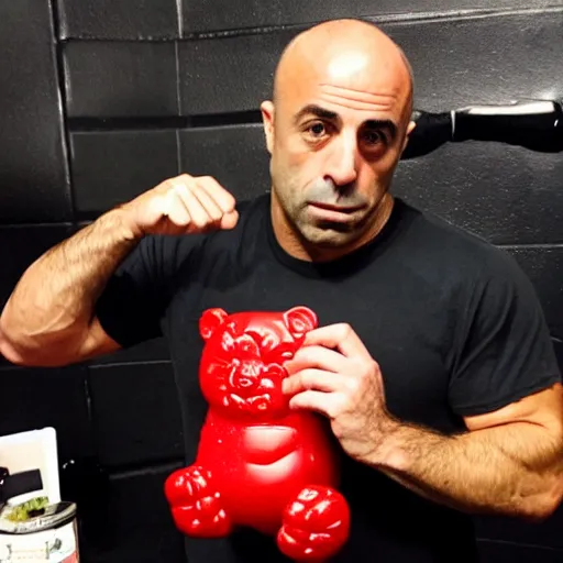 Image similar to joe rogan fighting a life sized gummy bear